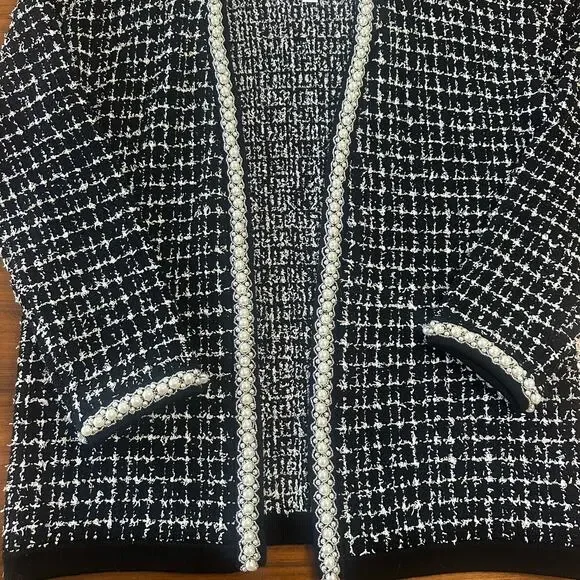 Alice + Olivia Bradford Beaded Open Front Cardigan, Tweed Embellished, Large NWT